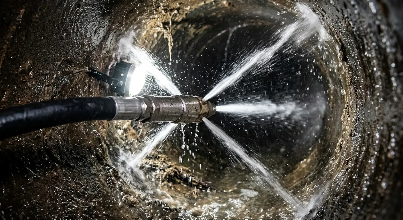 High-pressure hydro jetting nozzle cleaning sewer pipe for Sewer Cleanout in Pea Ridge