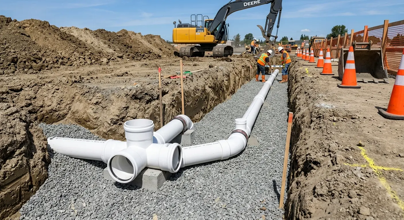New PVC sewer pipe installation in open trench for Commercial Drain Cleaning in Pea Ridge