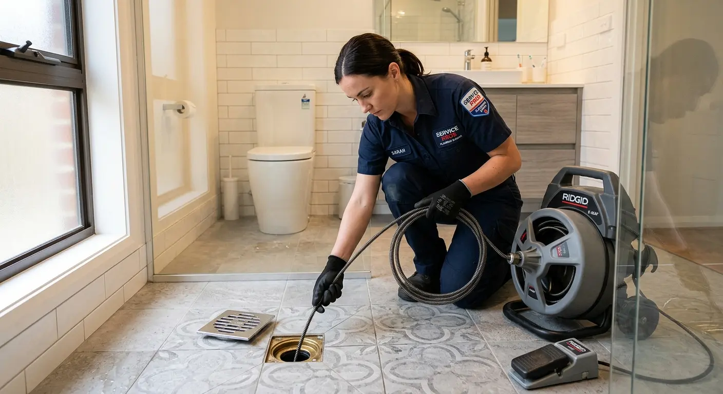 Technician clearing a bathroom floor drain for Hydro Jetting in Pea Ridge